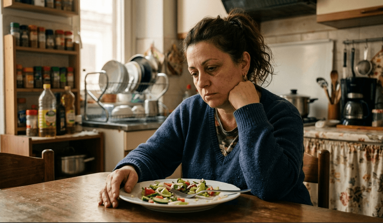 Donna stanca davanti a un piatto di insalata abbandonato