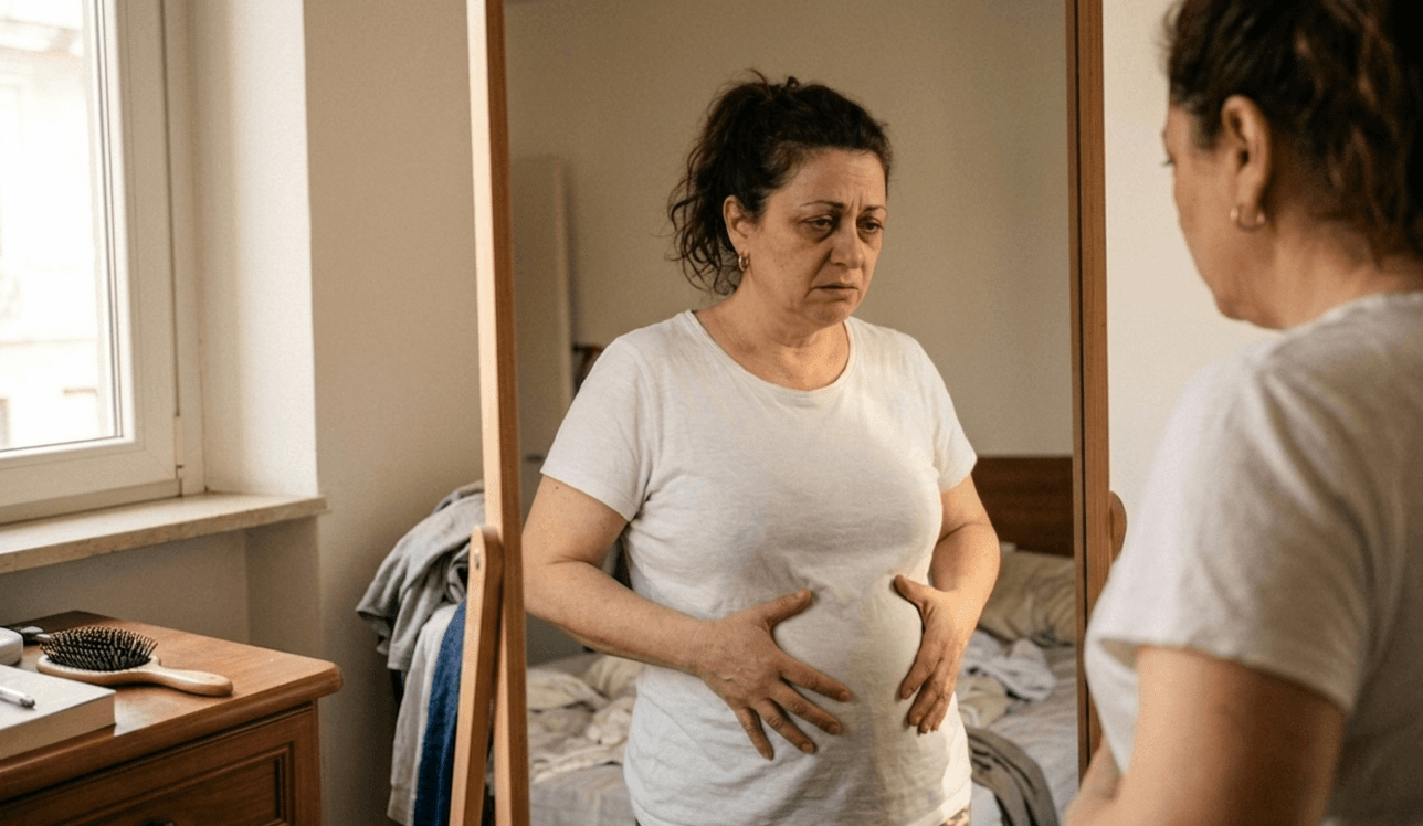Donna che guarda il suo gonfiore allo specchio