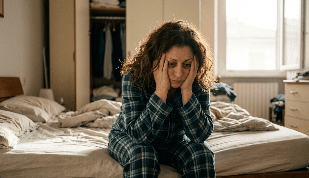 Donna stanca sul letto al mattino